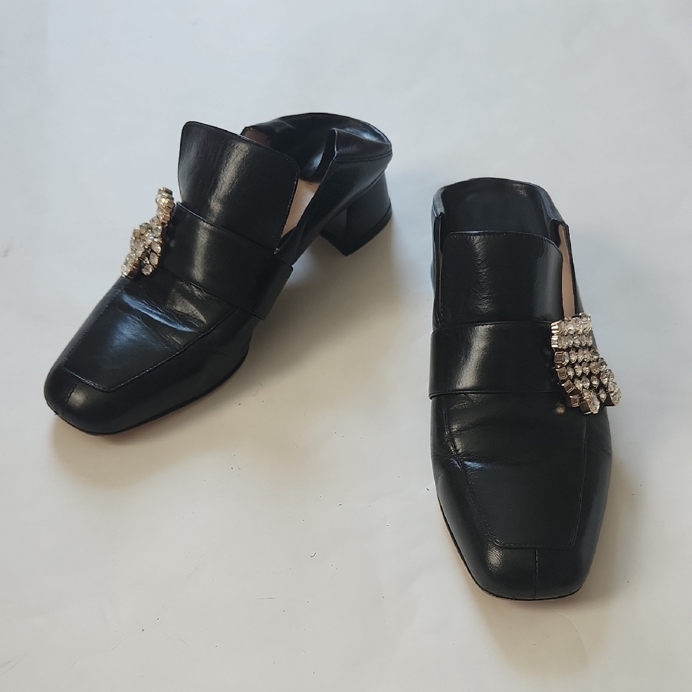 Stuart Weitzman Black 9 Convertible Mules Loafers With Rhinestones